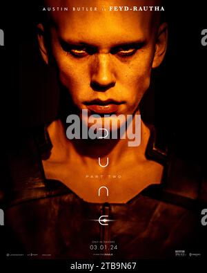 Dune: Part Two (2024) diretto da Denis Villeneuve e interpretato da Austin Butler nel ruolo di Feyd-Rautha in questo adattamento cinematografico del capolavoro di fantascienza di Frank Herbert. Paul Atreides si unisce a Chani e ai Fremen mentre cerca vendetta contro i cospiratori che hanno distrutto la sua famiglia. Poster dei caratteri STATUNITENSI ***SOLO PER USO EDITORIALE***. Credito: BFA / Warner Bros Foto Stock