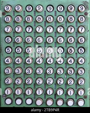 Layout semplice dei tasti numerici su calcolatrici meccaniche antiche o macchine contabili Foto Stock