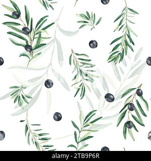 Acquerello senza cuciture con rami di olive nere su fondo bianco. Può essere utilizzato per tessuti, stampe da tappezzeria, cucina, cibo e cosmetici Foto Stock