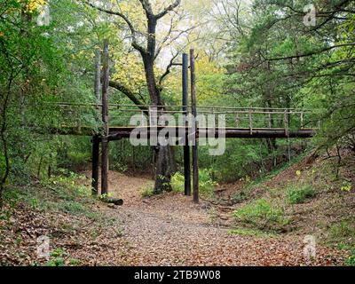 Old Bridge nel bosco su un letto a secco Foto Stock