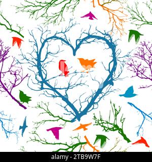 Adoro lo sfondo senza cuciture dell'albero degli uccelli. disegno manuale. Non IA. Buon San Valentino. SstkLOVE. Illustrazione vettoriale. Illustrazione Vettoriale