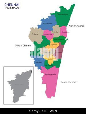 Mappa politica della città di Chennai insieme all'illustrazione vettoriale della mappa di Tamilnadu Illustrazione Vettoriale