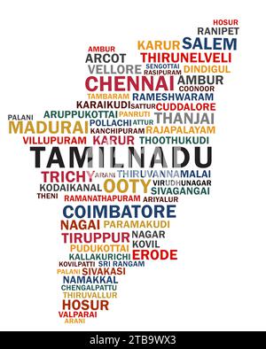 Mappa Tamil Nadu formata con Tamilnadu Cities World cloud Illustrazione Vettoriale