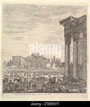 Le colonne del Tempio di Antonino a destra, una parte del campo Vaccino al centro e a sinistra, insieme a vari animali e figure, le rovine palatine sullo sfondo, da sei grandi vedute, quattro di Roma, e due della campagna romana" (Six grandes vues, Dont quatre de Rome et deux de la campagne romaine) 2012 di Stefano della bella Foto Stock