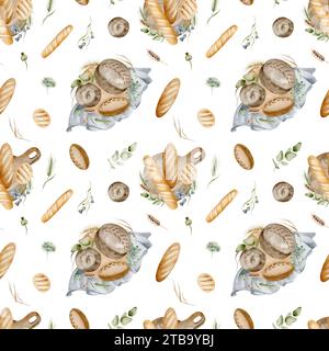 Cuocere lo sfondo del pane. Acquerello pattern food senza cuciture disegnato a mano su uno sfondo bianco. Baguette francese e pane con piante. Foto Stock