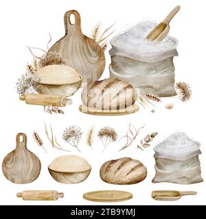 Pane di frumento su sfondo isolato. Illustrazione ad acquerello degli ingredienti per preparare prodotti da forno fatti in casa. Processo culinario di preparazione degli alimenti. Foto Stock