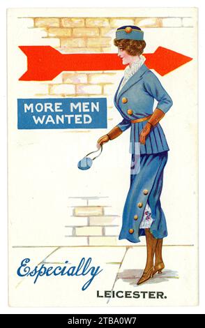 Cartolina di auguri comici dell'epoca della prima guerra mondiale, "More Men Wanted. Specialmente Leicester. Probabilmente si riferiva al reclutamento dell'esercito nel 1916, quando gli uomini furono arruolati nell'esercito. Leicester, Inghilterra, Regno Unito Foto Stock