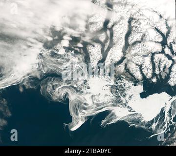 6 maggio 2019 - Vista satellitare che mostra il ghiaccio nel Mare del Labrador, vicino alle Isole Kitsissut. Foto Stock