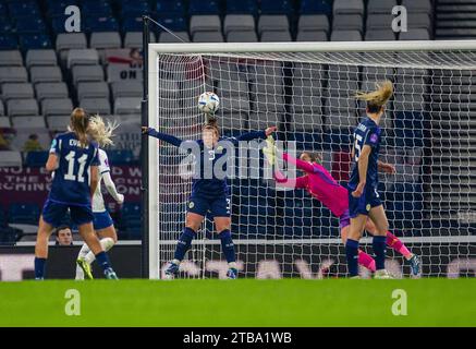 Glasgow, Scozia, Regno Unito. 5 dicembre 2023; Hampden Park, Glasgow, Scozia: UEFA Womens Nations League, Scozia contro Inghilterra; Alex Greenwood dell'Inghilterra guarda il suo headeder battere Emma Mukandi e Lee Gibson della Scozia per segnare e conquistare 0-1 al 13° minuto credito: Action Plus Sports Images/Alamy Live News Foto Stock