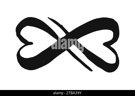 Simbolo infinito con due cuori che si intersecano. Dipinto a mano con vernice nera. Corsa spazzola a grunge. Illustrazione vettoriale. Illustrazione Vettoriale