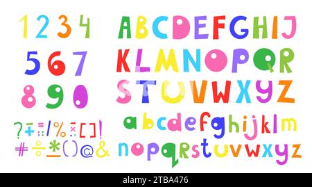 Lettere maiuscole e minuscole dell'alfabeto inglese, numeri, segni di punteggiatura di colori brillanti diversi, stile cartoni animati abc disegnati a mano, illustrazioni vettoriali Illustrazione Vettoriale