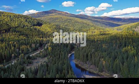 Il fiume Yaak e i monti Purcell con larice occidentale in autunno. Yaak Valley, Montana nordoccidentale. Foto Stock