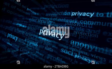 Privacy protezione dell'identità e sicurezza Internet sono le notizie principali sui media internazionali. Concetto astratto di titoli di notizie sui display del rumore. TV Glit Foto Stock