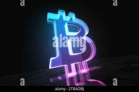 Bitcoin blockchain criptovaluta e simbolo di moneta digitale vetro olografico astratto digitale. Cyber Technology e background informatico 3d ob Foto Stock