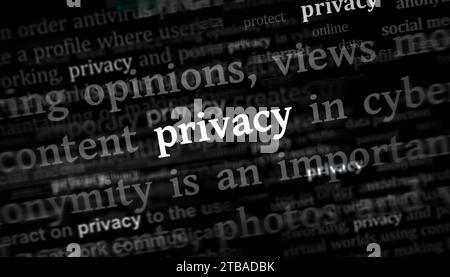 Privacy protezione dell'identità e sicurezza Internet sono le notizie principali sui media internazionali. Concetto astratto di titoli di notizie sui display del rumore. TV Glit Foto Stock