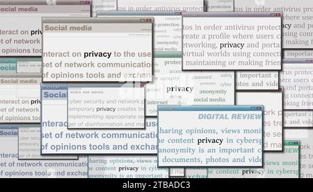 Privacy protezione dell'identità e sicurezza Internet sono le notizie principali sui media internazionali. Concetto astratto di titoli di notizie sui display del rumore. TV Glit Foto Stock