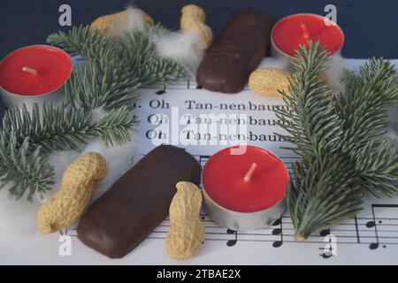 Spartito musicale con la canzone di Natale "Oh Tannenbaum", decorata con luci da tè, arachidi, stampe e ramoscelli di abete Foto Stock