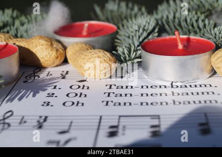 Spartito musicale con la canzone di Natale "Oh Tannenbaum", decorata con luci da tè, arachidi e ramoscelli di abete Foto Stock