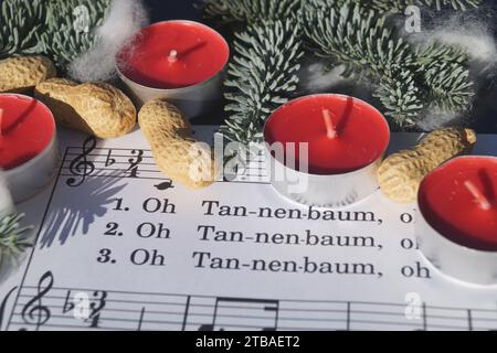 Spartito musicale con la canzone di Natale "Oh Tannenbaum", decorata con luci da tè, arachidi e ramoscelli di abete Foto Stock