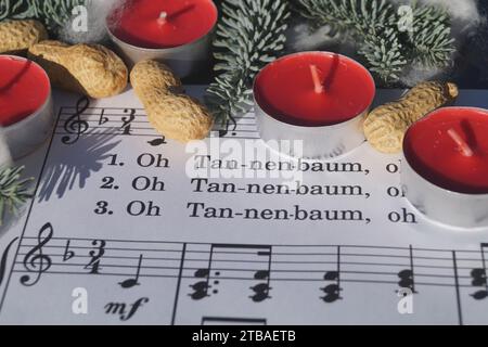 Spartito musicale con la canzone di Natale "Oh Tannenbaum", decorata con luci da tè, arachidi e ramoscelli di abete Foto Stock