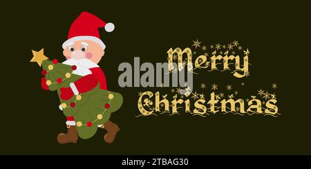 Babbo Natale modello di uno striscione natalizio, volantino. Babbo Natale porta un albero di Natale. Illustrazione vettoriale. Illustrazione Vettoriale