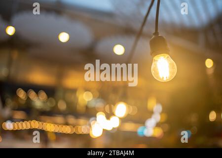 Decorazione delle lampadine all'aperto, Festival eventi all'aperto. Sfondo sfocato festivo. Primo piano della ghirlanda all'aperto con luci calde, con ponte sfocato sullo sfondo. Foto astratta del festival notturno di garland Foto Stock