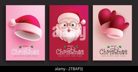 Buon natale, set di poster vettoriali per biglietti d'auguri. Collezione di etichette di auguri natalizi per babbo natale per la collezione di etichette regalo natalizie. Vettore Illustrazione Vettoriale