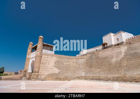 Vista delle porte d'ingresso dell'Arca, l'imponente fortezza medievale di Bukhara in Uzbekistan Foto Stock