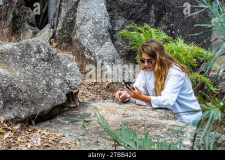 Una giovane donna fotografa un wallaby di roccia di Mareeba (Petrogale mareeba) in una riserva naturale. Australia. Foto Stock