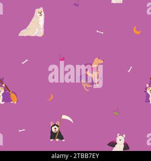 Motivo Halloween senza cuciture con cani in simpatici costumi di halloween. Fata, fantasma, strega, pipistrello e triste mietitore. Trick o dolcetto. Buon Halloween Vector illu Illustrazione Vettoriale