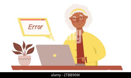 La graziosa nonna dalla pelle nera ha scoperto un errore nel suo lavoro al computer. Gli anziani lavorano con tecnologie moderne. Istruzione online, lavoro remoto Illustrazione Vettoriale