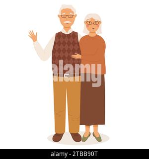Felice coppia anziana in piedi insieme e sorridente. Pensionati moderni, look elegante. Illustrazione vettoriale piatta a colori Illustrazione Vettoriale