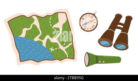 Set di strumenti per escursioni e navigazione, elementi disegnati a mano: Mappa, bussola, binocolo e torcia. Illustrazione vettoriale isolata su sfondo bianco Illustrazione Vettoriale