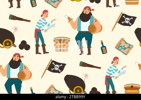 Modello senza cuciture con simpatici pirati, cassa del tesoro, cannone, barile di rum e teschio, bandiera a ossa incrociate e barile di rum. Illustrazione vettoriale piatta Illustrazione Vettoriale