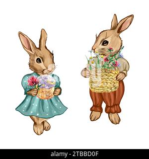 Due coniglietti carini, un coniglietto da ragazza e un coniglietto da ragazzo. Illustrazione vettoriale per le festività. Elemento di design per biglietti di auguri, inviti, copertine, volantini. Illustrazione Vettoriale