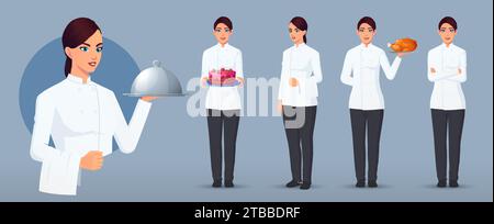 Set di personaggi di cuoca femminili in varie pose e gesti, Logo dello chef, torta per il trasporto dello chef in piedi, pizza, piatto da portata, file vettoriale piegato con le braccia Illustrazione Vettoriale