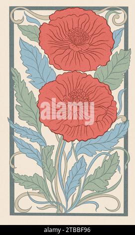Pianta floreale di papavero in art nouveau 1920-1930. Disegnato a mano con trame di linee, foglie e fiori. Illustrazione Vettoriale