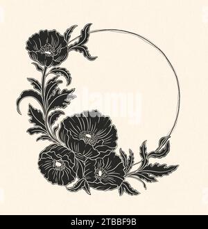 Pianta floreale di papavero in art nouveau 1920-1930. Disegnato a mano con trame di linee, foglie e fiori. Illustrazione Vettoriale