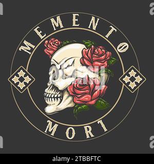 Teschio con fiori di rosa con iscrizione latina Memento Mori cosa significa ricorda morte incisione tatuaggio. Illustrazione vettoriale. Non è stata utilizzata alcuna IA. Illustrazione Vettoriale