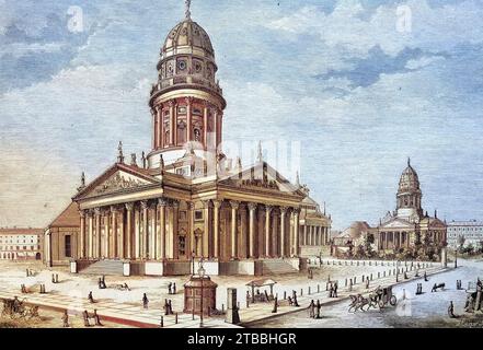 Der Gendarmenmarkt mit Dom in Berlin, Deutschland, Historisch, digital restaurierte Reproduktion von einer Vorlage aus dem 19. Jahrhundert / il Gendarmenmarkt con cattedrale a Berlino, Germania, riproduzione storica, restaurata digitalmente da un originale del XIX secolo Foto Stock