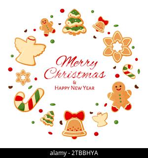 Biglietto d'auguri di pan di zenzero con cornice rotonda di Natale piatto. Palla di canna da zucchero uomo campana di Natale, angelo, fiocco di neve, confetti, dessert glassa, biscotti allo zenzero, decorazioni dolci, volantino festivo di fondo Illustrazione Vettoriale