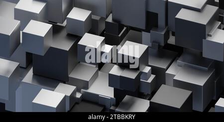 Un gruppo di cubi galleggianti sospesi nell'illustrazione del rendering 3d a mezz'aria Foto Stock