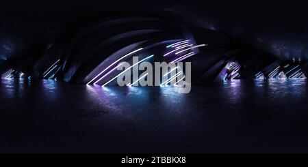 Una parete con blocchi in cemento impilato e luci al neon, che creano un robusto impatto visivo industriale, mappa di ambiente panoramica a 360 gradi, rendering 3d Foto Stock