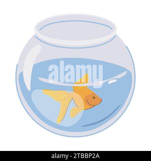 Un pesce rosso nuota da solo in un acquario rotondo. Pesce vettoriale arancio brillante in stile piatto. Un animale domestico in una ciotola di pesce su sfondo bianco. Illustrazione Vettoriale