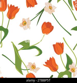 Modello senza cuciture con tulipani e narcisi. Fiori primaverili vettoriali su sfondo bianco. Immagine per la stampa su tessuto, carta da parati, carta da imballaggio Illustrazione Vettoriale