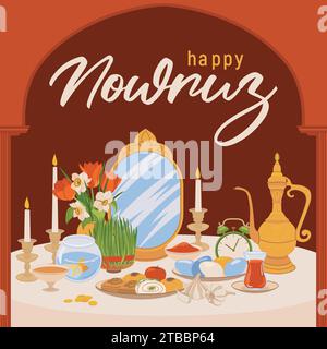 Buon Nowruz Day o Capodanno iraniano. Illustrazione con attributi di una festa religiosa, pesce, dolci, erba, aceto, orologiaio, specchio, orologio, ch Illustrazione Vettoriale