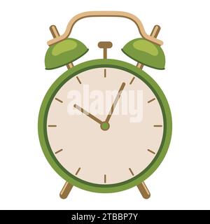 Sveglia isolata sullo sfondo in stile piatto. Illustrazione vettoriale. Orologio da tavolo rosso retro. Illustrazione Vettoriale