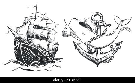 Cappellino bianco con un cappellino da capitano e una pipa fumante in bocca. Una barca a vela naviga sulle onde con vele rialzate. Sketch del tatuaggio della vecchia scuola. Illustrazione Vettoriale