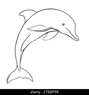 Un allegro delfino che salta fuori dall'acqua. Illustrazione vettoriale in stile incisione. Clipart per l'emblema realizzato con una sottile linea nera su un bac bianco Illustrazione Vettoriale