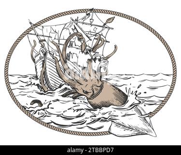 Il leggendario kraken sta attaccando la nave. Un calamaro trascina una barca a vela sott'acqua. Disegno monocromatico in un telaio ovale della fune. Illustrazione vettoriale in engr Illustrazione Vettoriale